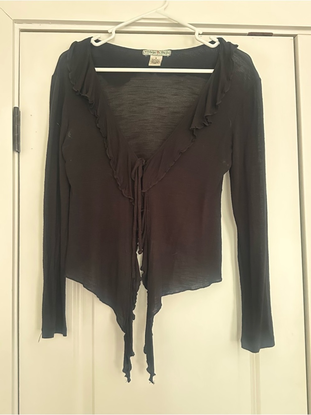 Vintage Suzie Black Ruffle-Trim Tie-Front Tunic